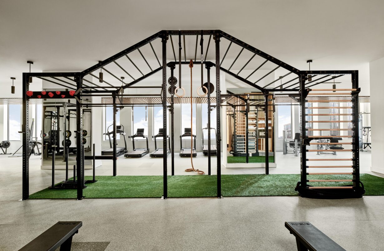 Crossfit workout equipment in a large gym