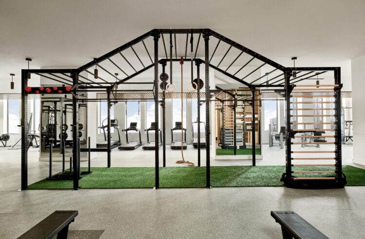 Crossfit workout equipment in a large gym
